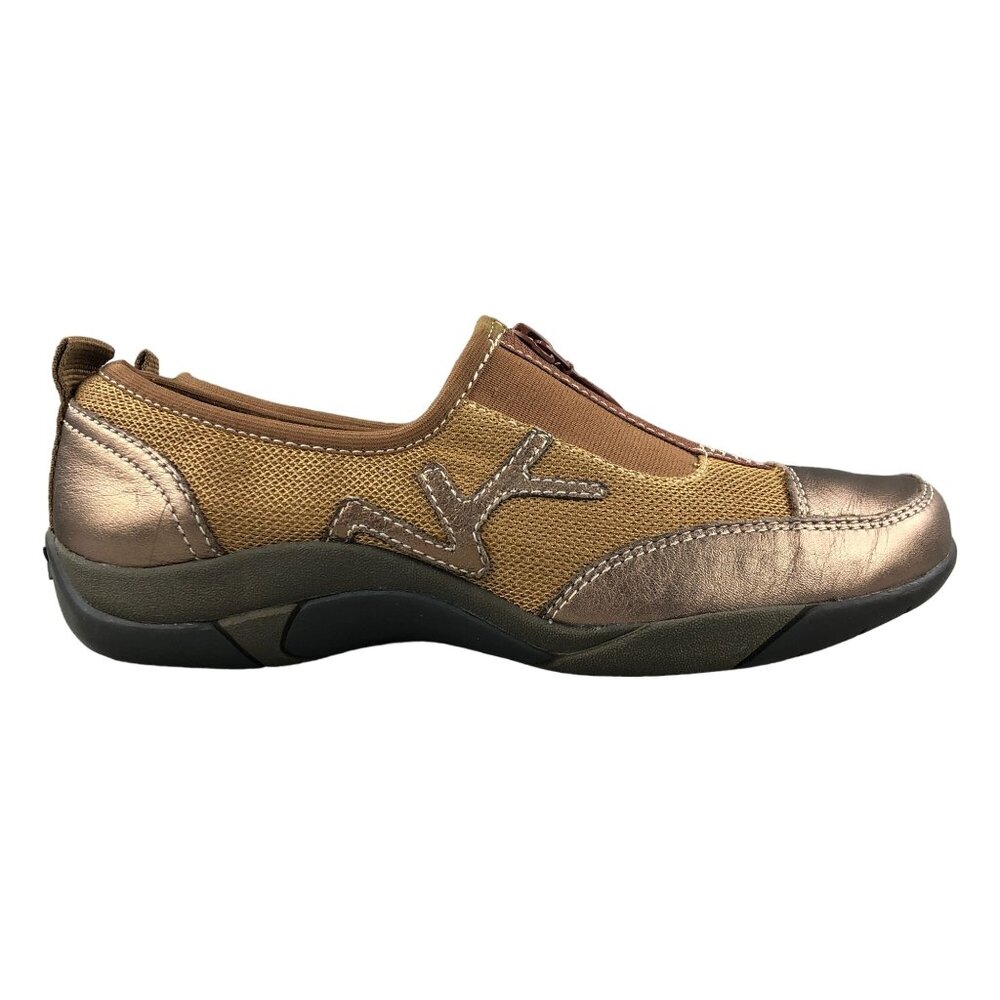 Anne Klein Ak Women's Size 6m Ultima Bronze Brown Fabric Front Zip Low Top Shoes